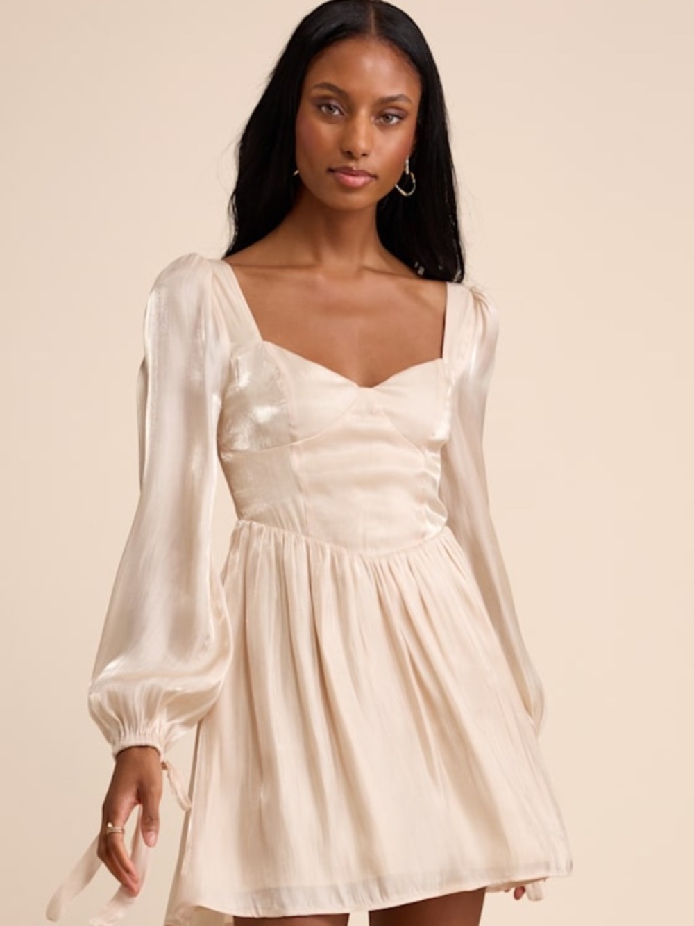 Lulus Lirenda Shiny Champagne Balloon Sleeve Tie-back Mini Dress Beige - Size S